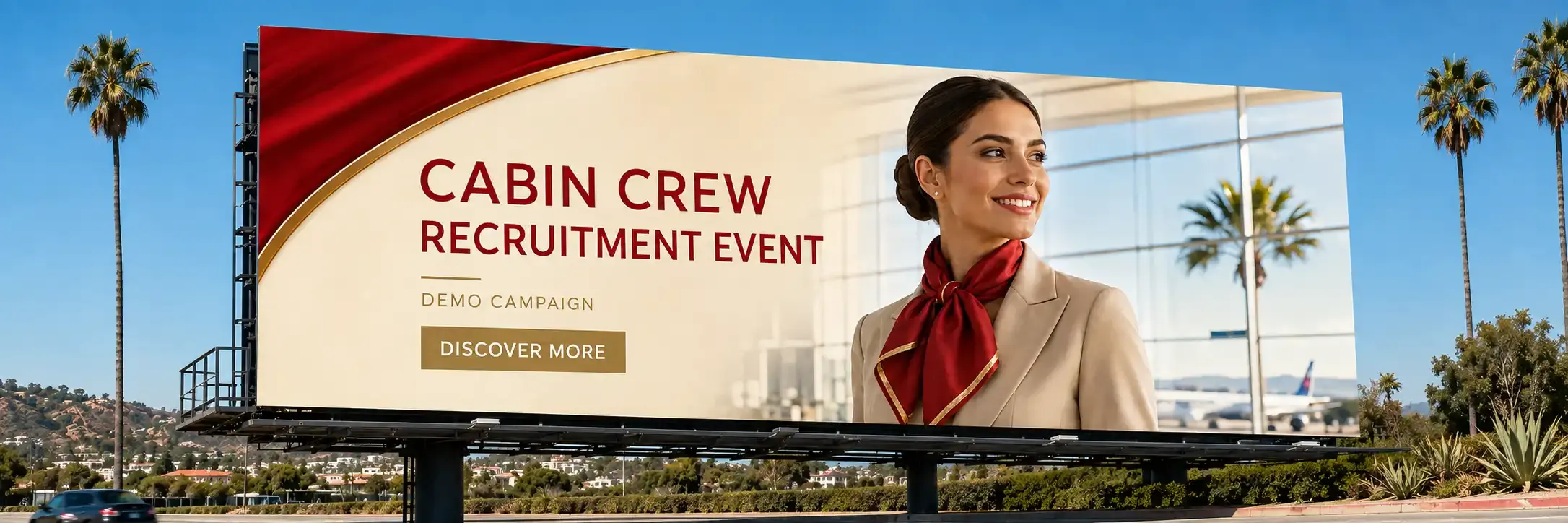 Display advertising billboard for airlines: Emirates Cabin Crew Open Day, Etihad Recruitment Event, Qatar Airways recruitment event, Air India Cabin Crew Recruitment Event, IndiGo Air Hostess Recruitment Event and sponsored banners for airlines.
