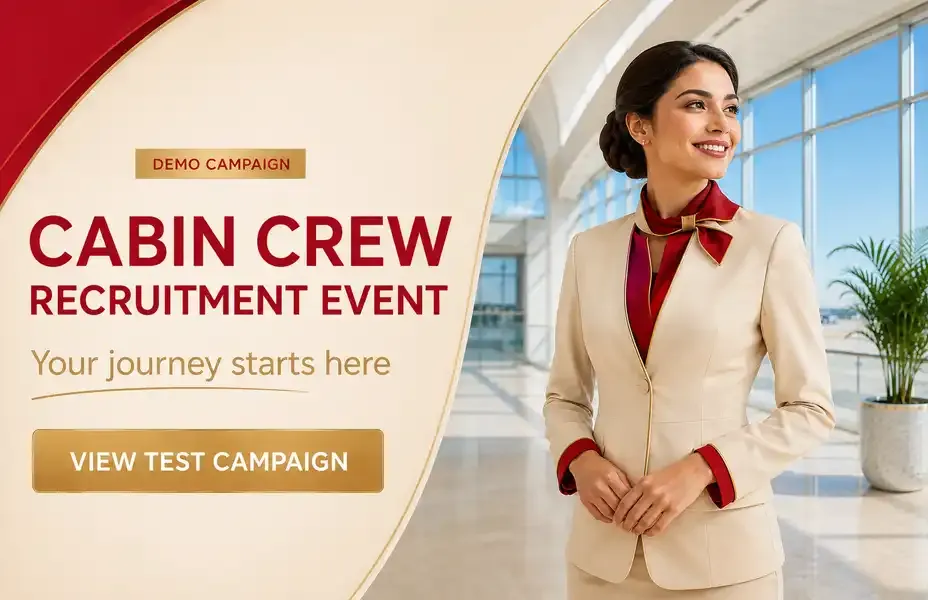 Jobs filter box sponsored banners for airlines: Emirates Cabin Crew Open Day, Etihad Recruitment Event, Qatar Airways recruitment event, Air India Cabin Crew Recruitment Event and IndiGo Air Hostess Recruitment Event.