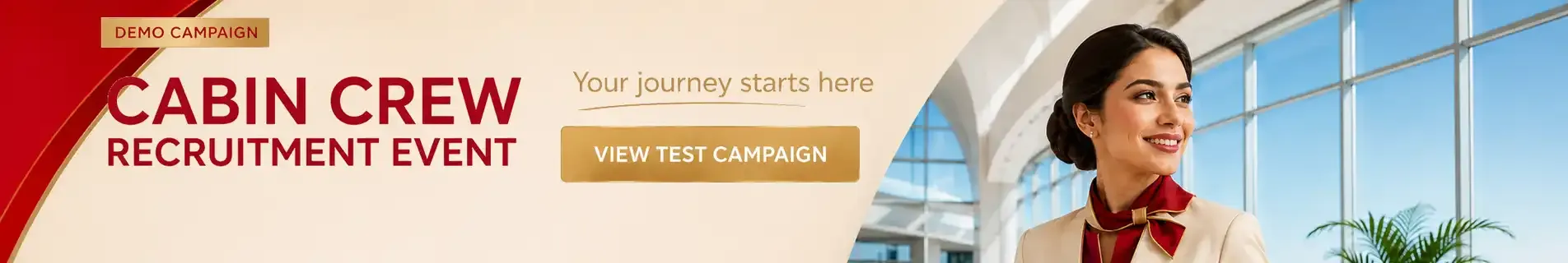 Wideboard sponsored banners for airlines: Emirates Cabin Crew Open Day, Etihad Recruitment Event, Qatar Airways recruitment event, Air India Cabin Crew Recruitment Event and IndiGo Air Hostess Recruitment Event.