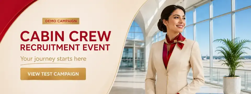 Mobileboard sponsored banners for airlines: Emirates Cabin Crew Open Day, Etihad Recruitment Event, Qatar Airways recruitment event, Air India Cabin Crew Recruitment Event and IndiGo Air Hostess Recruitment Event.