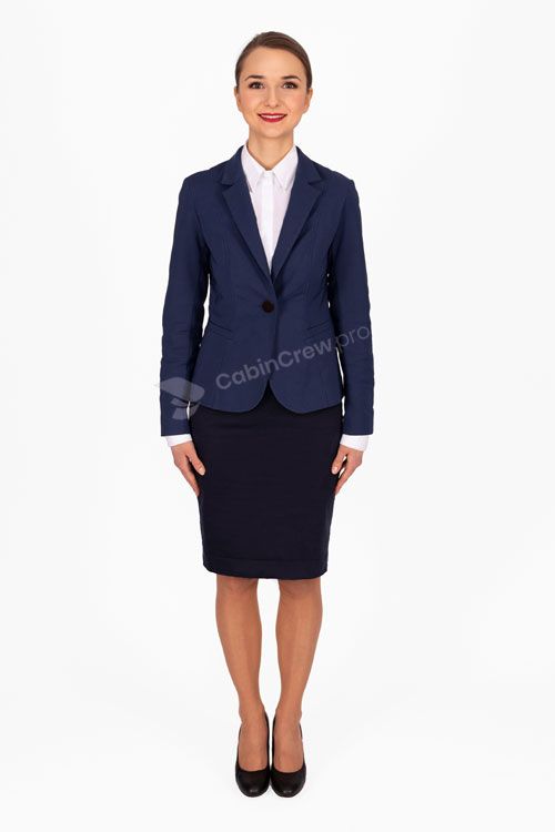 Emirates cabin crew full-length formal recruitment photo on white background, business attire