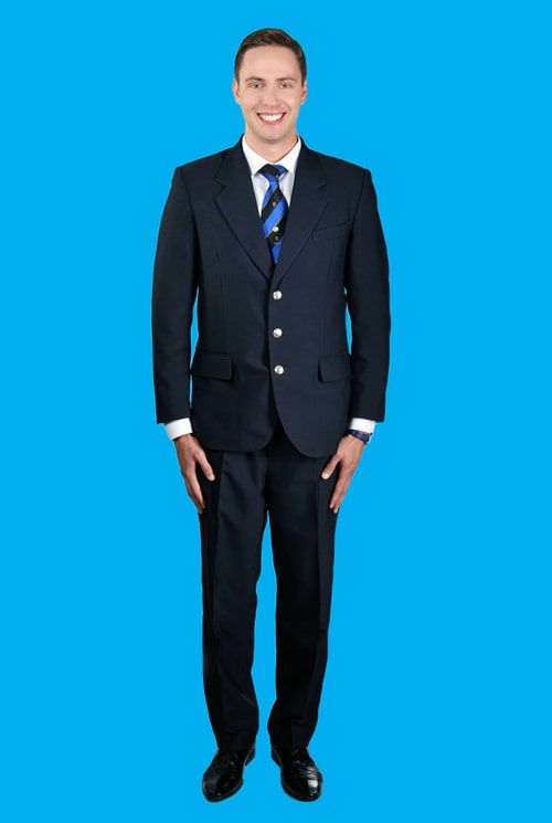 Full-length formal Qatar Airways cabin crew photo on blue background